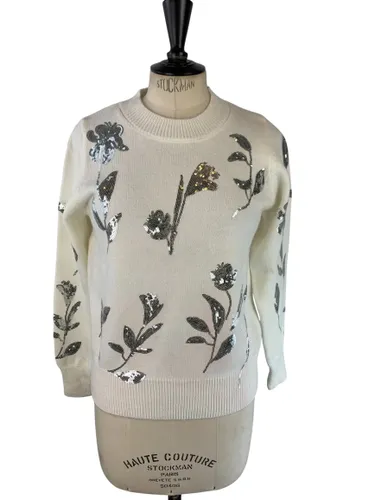 Riu Paris - Pull col rond broderies florales en paillettes - écru & argent - Neuf d'invendu Riu - Taille S - Label Emmaus - Modalova