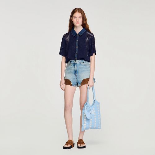 Cardigan en maille crochet et denim - Sandro Paris - Modalova
