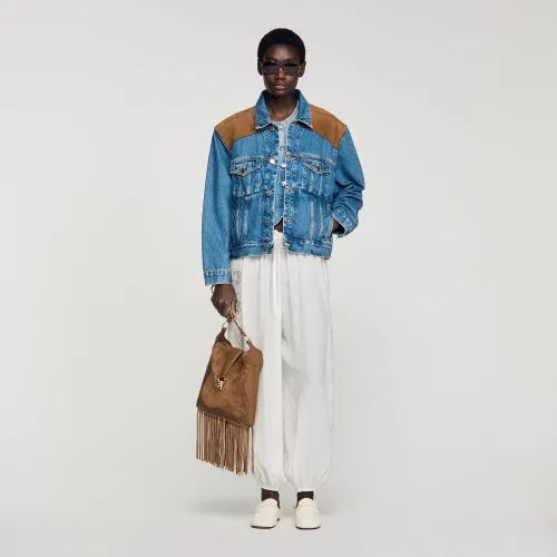 Blouson en denim et cuir suède - Sandro Paris - Modalova