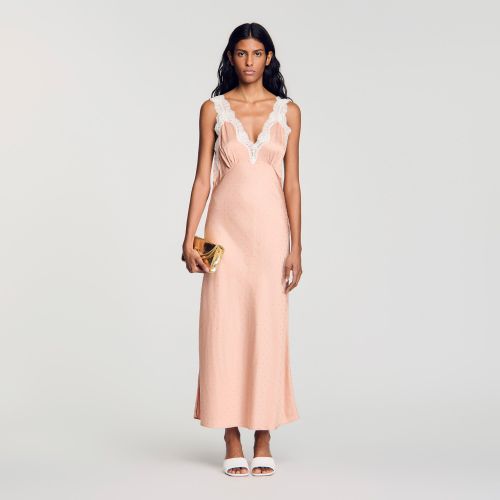 Robe longue esprit lingerie strassée - Sandro Paris - Modalova
