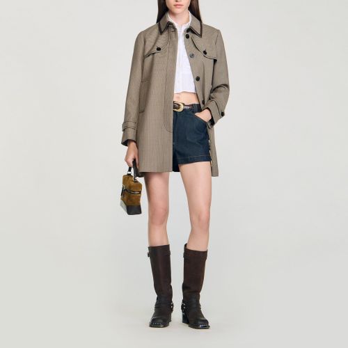 Trench motif pied-de-poule col cuir - Sandro Paris - Modalova