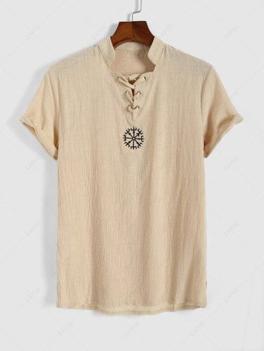 Lace Up Embroidered Short Sleeve Shirt - Zaful - Modalova