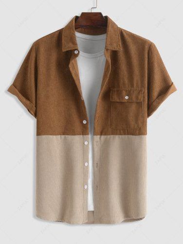 Short Sleeves Flap Pocket Corduroy Two Tone Shirt - Zaful - Modalova