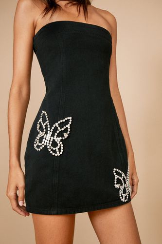 Mini Dressing Gown Bandeau En Jean À Papillons Strassés - - 36 - Nasty Gal - Modalova