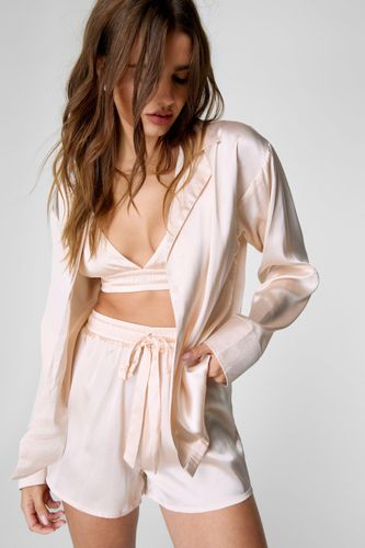 Satin Oversized Shirt, Bralet And Short 3Pc Pajama Set - L - Nasty Gal - Modalova