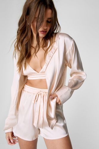 Satin Oversized Shirt, Bralet And Short 3Pc Pajama Set - S - Nasty Gal - Modalova