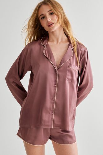 Satin Contrast Picot Trim Shirt And Short Pajama Set - S - Nasty Gal - Modalova