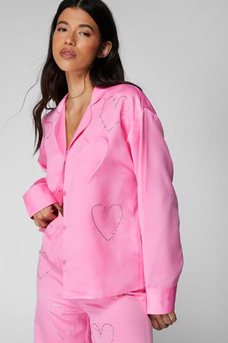 Premium Heart Diamante Pajama Trousers Set - - L - Nasty Gal - Modalova