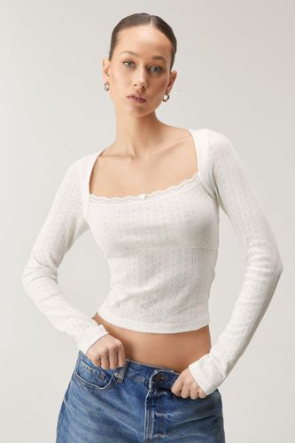 Pointelle Lace Trim Square Neck Long Sleeve Top - - 34 - Nasty Gal - Modalova