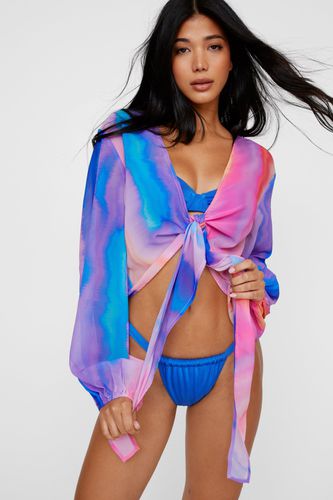 Tie Dye Sheer Tie Front Balloon Sleeve Beach Top - S - Nasty Gal - Modalova