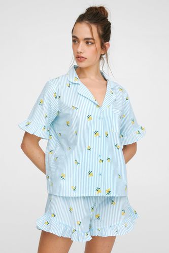 Cotton Lemon Embroidered Stripe Ruffle Pajama Shorts Set - - L - Nasty Gal - Modalova