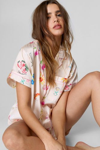 Satin Conversational Print Pajama Shorts Set - S - Nasty Gal - Modalova