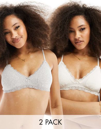 Cotton On - Lot de 2 brassières en coton avec bordures en dentelle - Gris et blanc - Cotton:on - Modalova