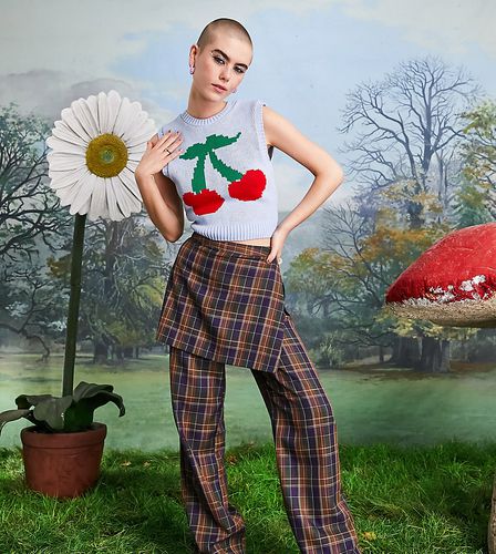 Pantalon droit avec jupe superposée à motif écossais - Multicolore - Collusion - Modalova