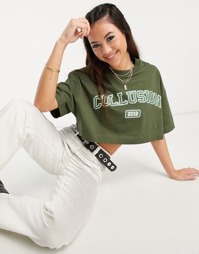 T-shirt crop top style universitaire à coupe carrée - Kaki - Collusion - Modalova