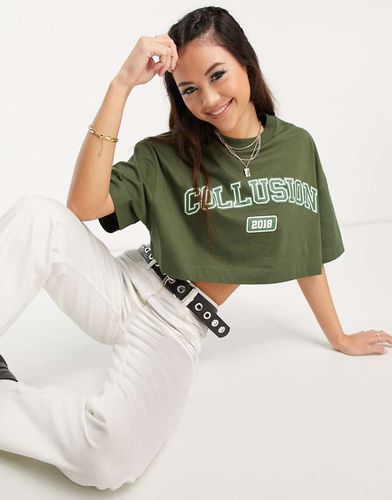 T-shirt crop top style universitaire à coupe carrée - Kaki - Collusion - Modalova