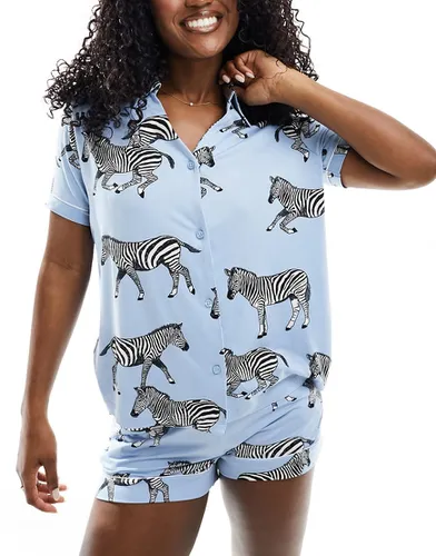 Pyjama avec chemise col en V et short en polyester à imprimé zèbres - Bleu - Chelsea Peers - Modalova