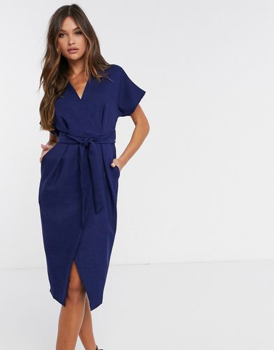 Robe mi-longue cache-caur avec lien à nouer - Bleu - Closet London - Modalova