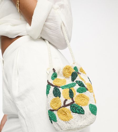 Petit sac à cordon de serrage avec motifs fruits ornés de perles - Jaune et blanc - Accessorize - Modalova