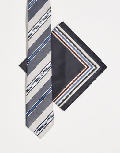 Cravate fine et pochette à rayures rétro - Bleu et crème - Asos Design - Modalova
