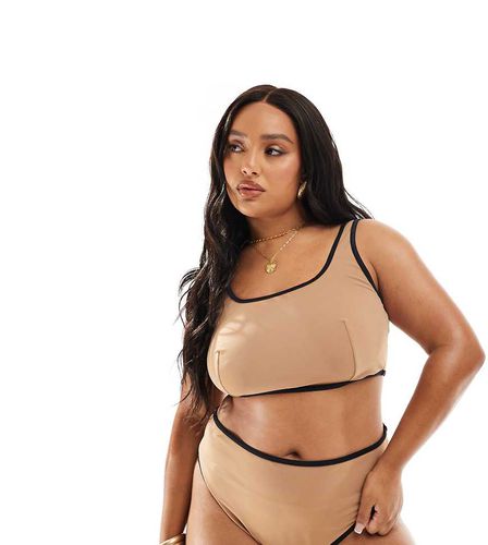 Curve - Bas de bikini échancré taille haute à bords contrastants - Mochaccino - Asos Design - Modalova