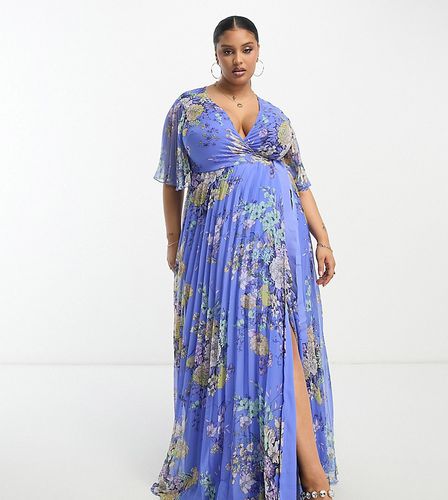 ASOS DESIGN Curve - Exclusivité - Robe longue plissée nouée à la taille avec manches kimono et imprimé fleurs - Bleu - Asos Curve - Modalova