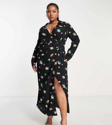 ASOS DESIGN Curve - Robe chemise mi-longue cache-caur boutonnée froncée sur le devant à imprimé fleurs - Noir - Asos Curve - Modalova