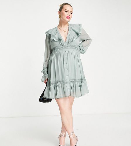 ASOS DESIGN Curve - Robe courte boutonnée à détail volanté et empiècement dentelle - Asos Curve - Modalova