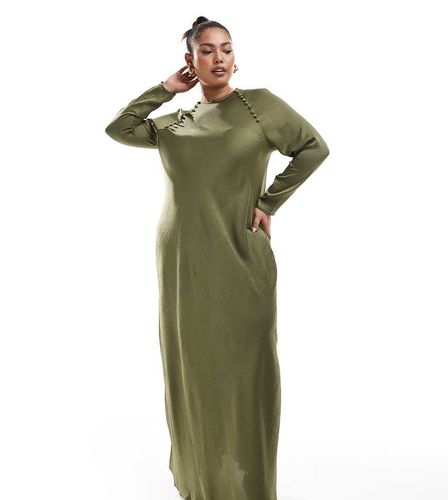 ASOS DESIGN Curve - Robe longue coupée en biais en satin avec détail boutonné - Kaki - Asos Curve - Modalova