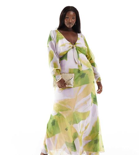 ASOS DESIGN Curve - Robe longue nouée sur le devant avec décolleté plongeant à imprimé abstrait - Lilas et vert - Asos Curve - Modalova