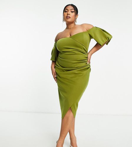 ASOS DESIGN Curve - Robe mi-longue à épaules dénudées style Bardot et décolleté en caur - Olive - Asos Curve - Modalova