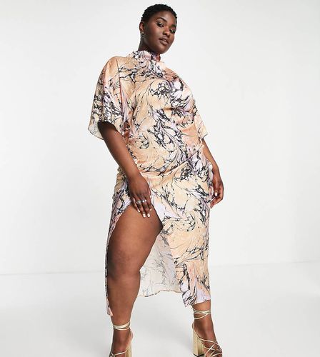 ASOS DESIGN Curve - Robe mi-longue satinée fendue avec col montant - Imprimé marbre - Asos Curve - Modalova