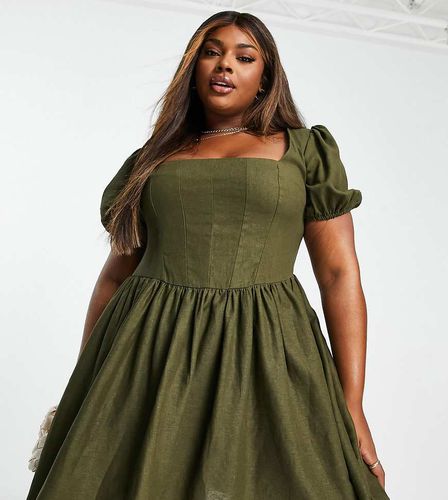 ASOS DESIGN Curve - Robe patineuse courte en lin style corset à manches bouffantes - Kaki - Asos Curve - Modalova