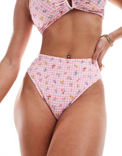 Angie - Bas de bikini échancré à carreaux vichy avec taille haute et motif fleuri - Asos Design - Modalova