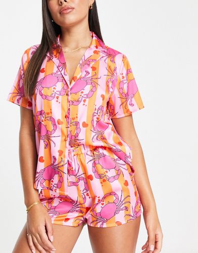 Ensemble de pyjama satiné rayé avec chemise et short à imprimé crabes - Rose et orange - Asos Design - Modalova