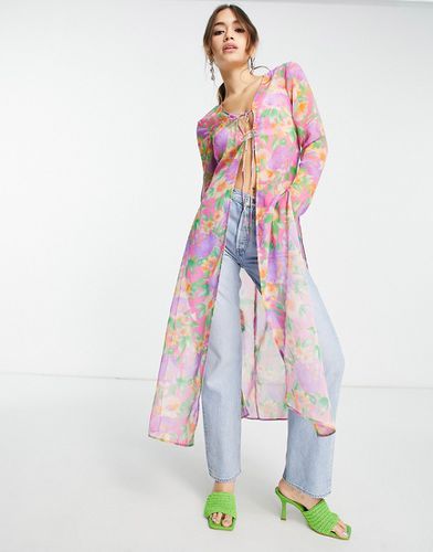 Kimono long transparent à manches longues avec lien à nouer sur le devant et imprimé de couleur vive - Rose - Asos Design - Modalova