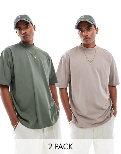 Lot de 2 t-shirts oversize à col montant - Marron et vert - Asos Design - Modalova