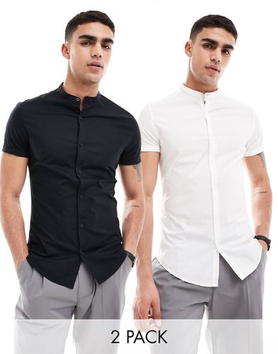 Lot de 2 chemises ajustées à col officier et manches retroussées - Blanc/noir - Asos Design - Modalova