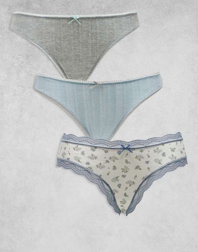 Lot de 3 strings en maille pointelle - Imprimé à petites fleurs, gris et bleu - Asos Design - Modalova