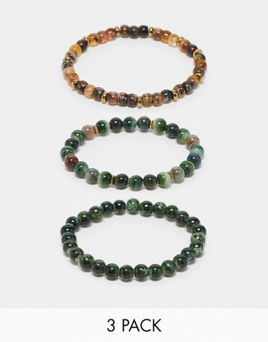 Lot de 3 bracelets avec perles et pierres semi-précieuses variées - Vert doré - Asos Design - Modalova