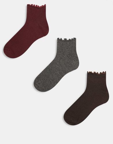 Lot de 3 paires de chaussettes basses à bord volanté - Bordeaux/gris/chocolat - Asos Design - Modalova