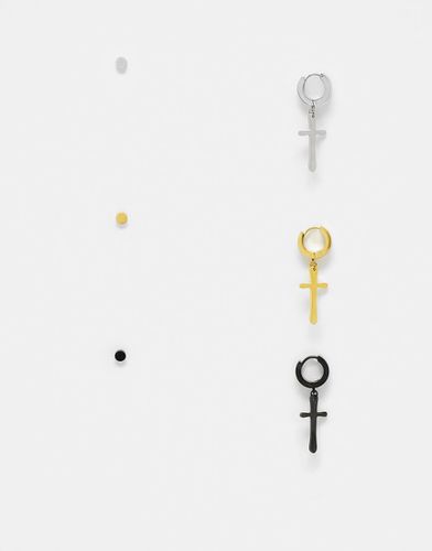 Lot de 3 paires de boucles d'oreilles avec clous et pendants avec croix en acier inoxydable mat - Noir, doré et argenté - Asos Design - Modalova