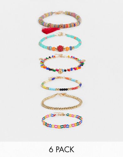Lot de 6 bracelets de cheville avec perles multicolores, pampilles et coquillages - ASOS DESIGN - Modalova