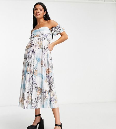 ASOS DESIGN Maternity - Robe mi-longue plissée à encolure Bardot et imprimé fleurs - Bleu - Asos Maternity - Modalova