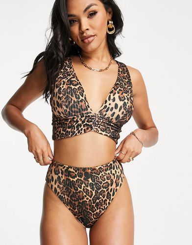 Mix and Match - Bas de bikini côtelé taille haute et échancré à imprimé léopard - Asos Design - Modalova