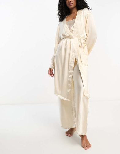 Peignoir mi-long en satin brodé de qualité supérieure - Crème - Asos Design - Modalova