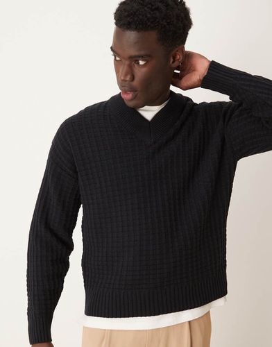 Pull décontracté coupe carrée en maille gaufrée avec col V - Bleu marine - Asos Design - Modalova