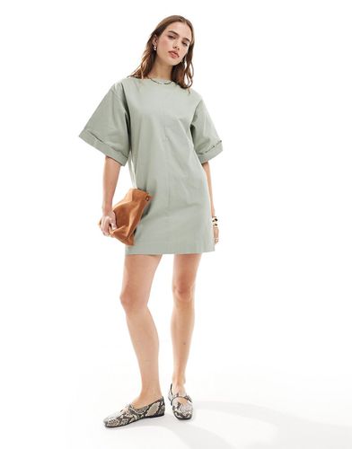 Robe t-shirt courte oversize coupe carrée en sergé de coton - Sauge - Asos Design - Modalova