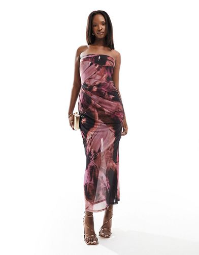 Robe bandeau mi-longue en tulle effet drapé à imprimé abstrait - Rose - Asos Design - Modalova
