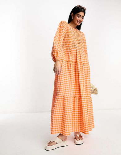 Robe babydoll longue en coton avec fronces et manches bouffantes - Rose et orange - Asos Design - Modalova